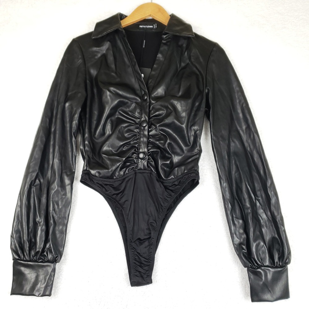 PrettyLittleThing Black Faux Leather Ruched Balloon Sleeve Bodysuit US 6